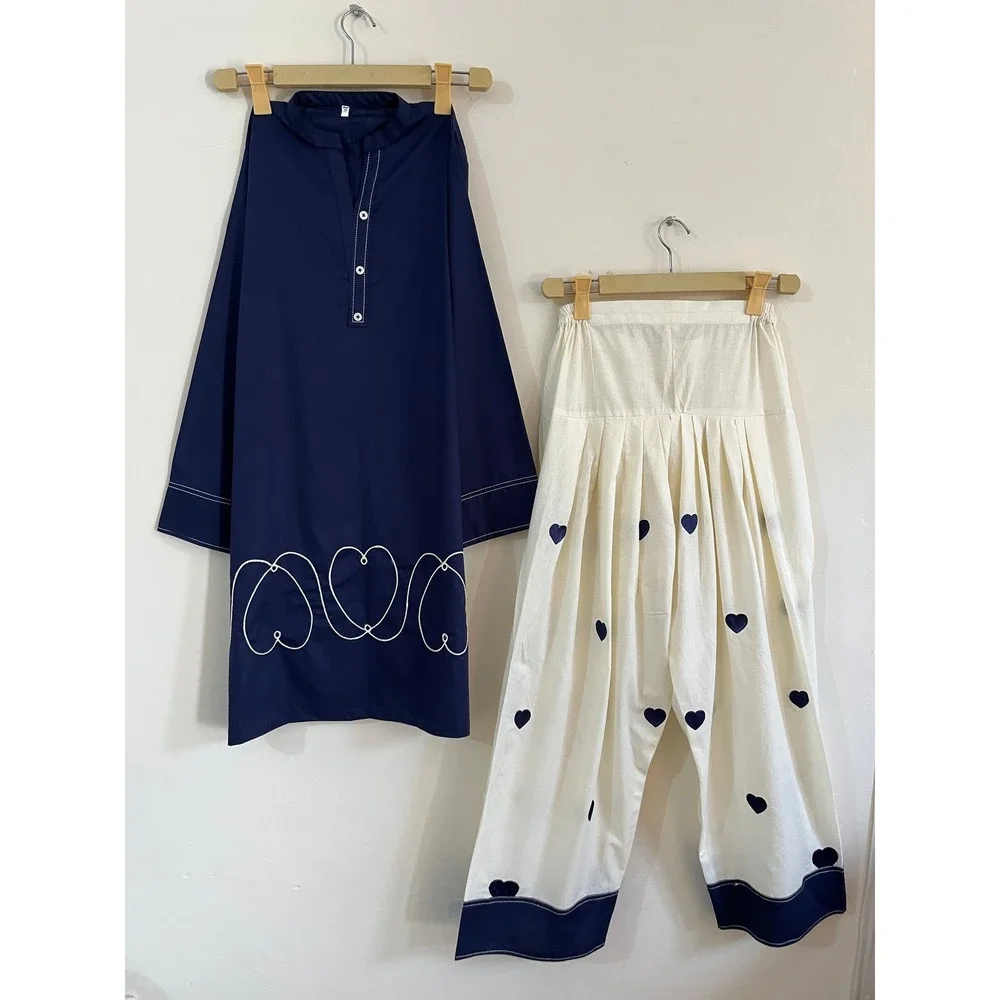 Ethnc 2 Piece Set Navy Blue Tunic Cream Heart Embroidered Pants Trousers